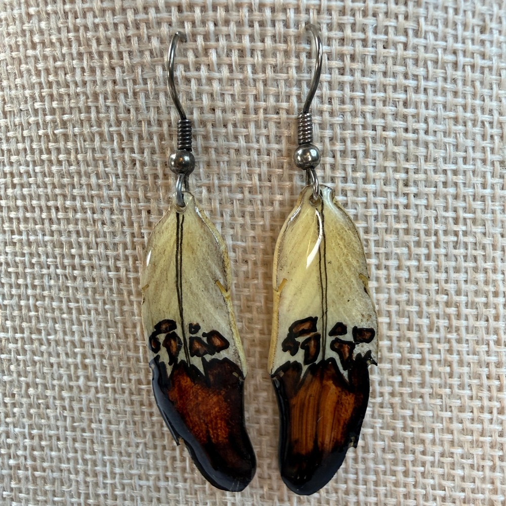 Handmade Resin Feather Dangle Earrings Brown Cream Bohemian Rustic Jewelry